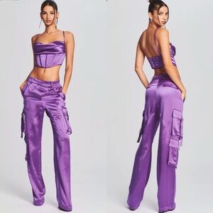 Retrofete Purple Satin Wide-Leg Cargo Pants